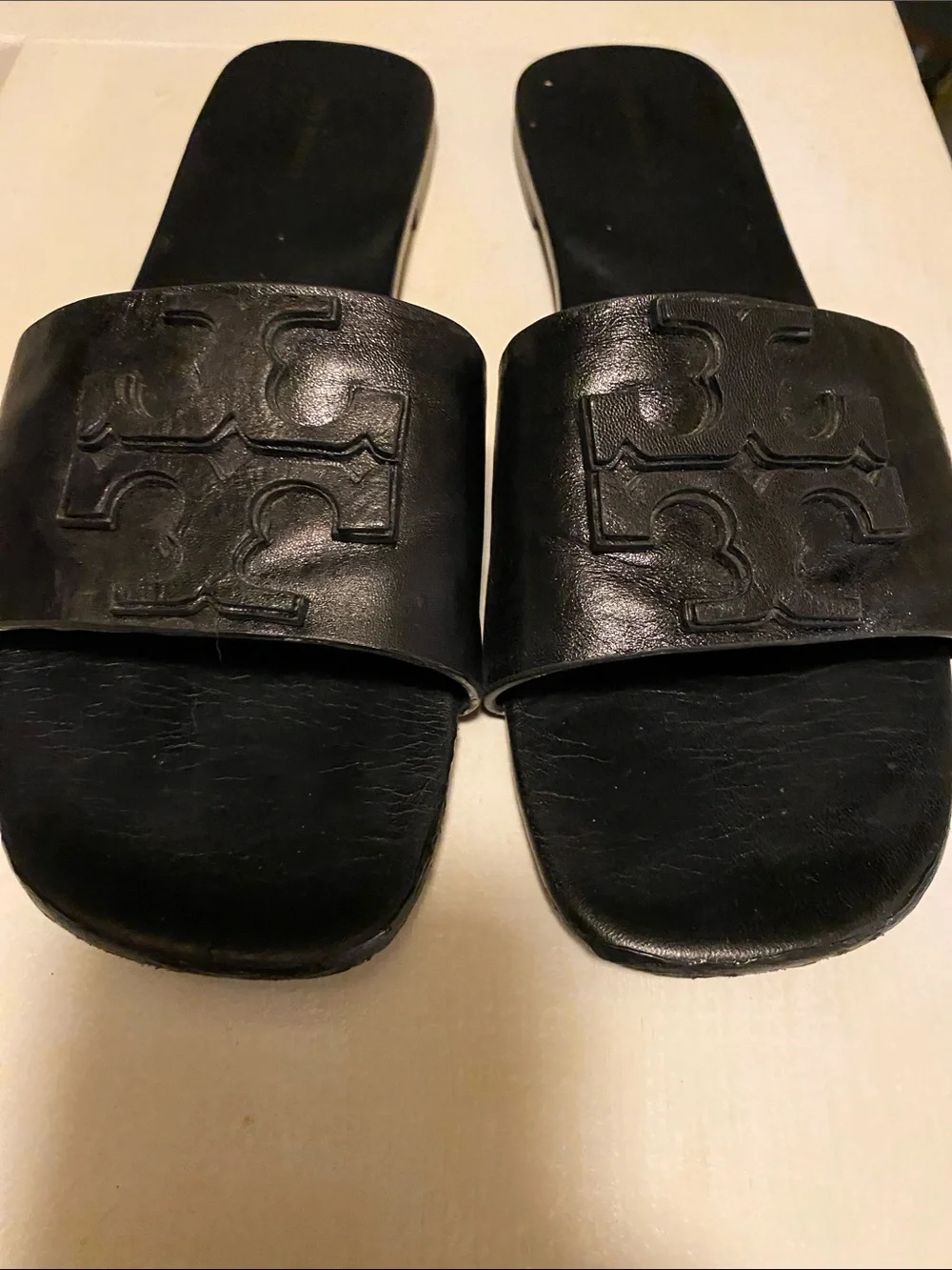Tory Burch Black Leather Slide Sandals with Logo Strap